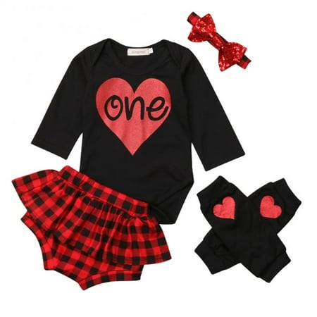 - Baby Girls First Birthday Outfit Love Bodysuit Red Plaid Shorts Leg Warmers Headband 12-18M