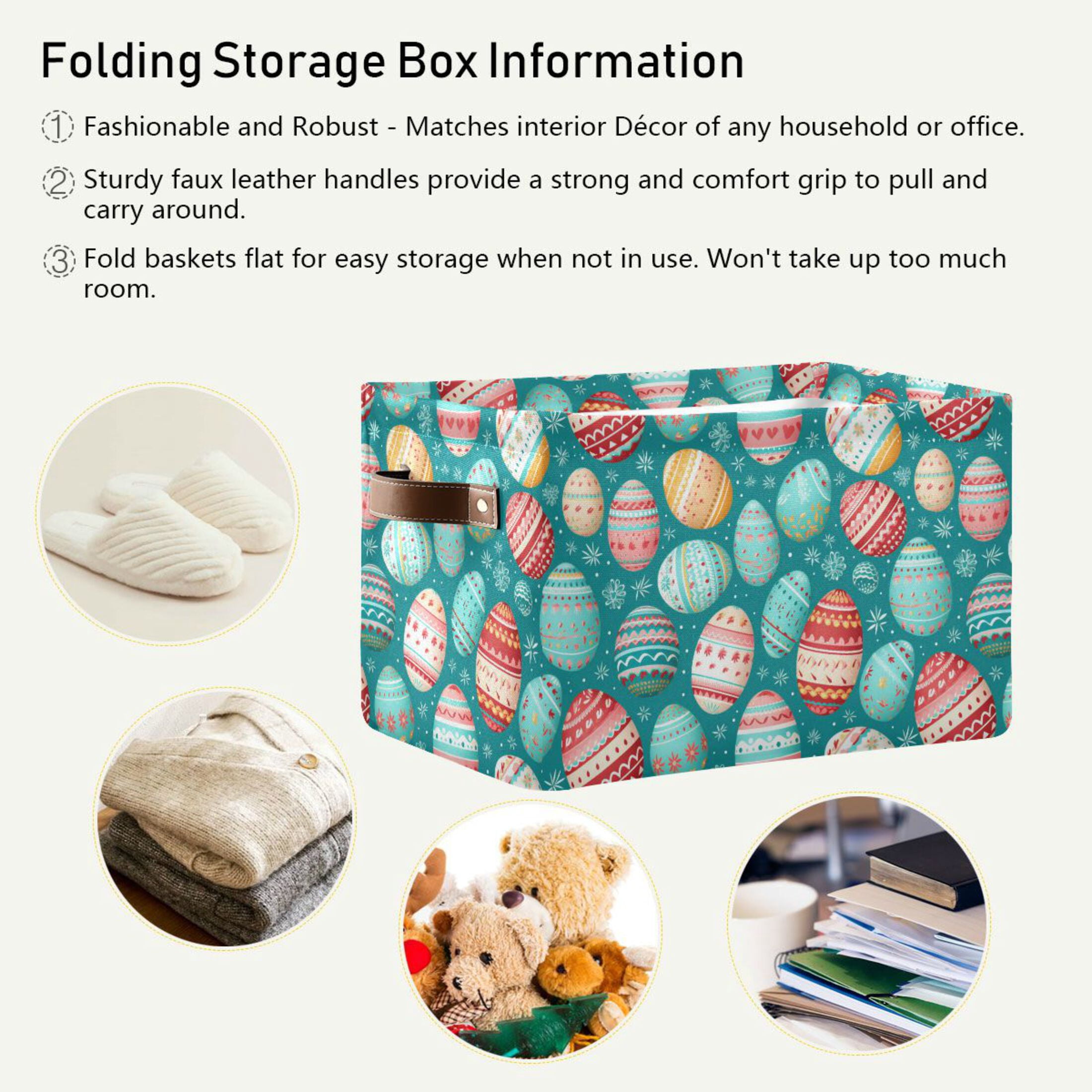 Easter Eggs with Snow Storage Bins with Handle Fabric Organizer Basket Foldable Box 2 Pack 14.2x10.2x8.3