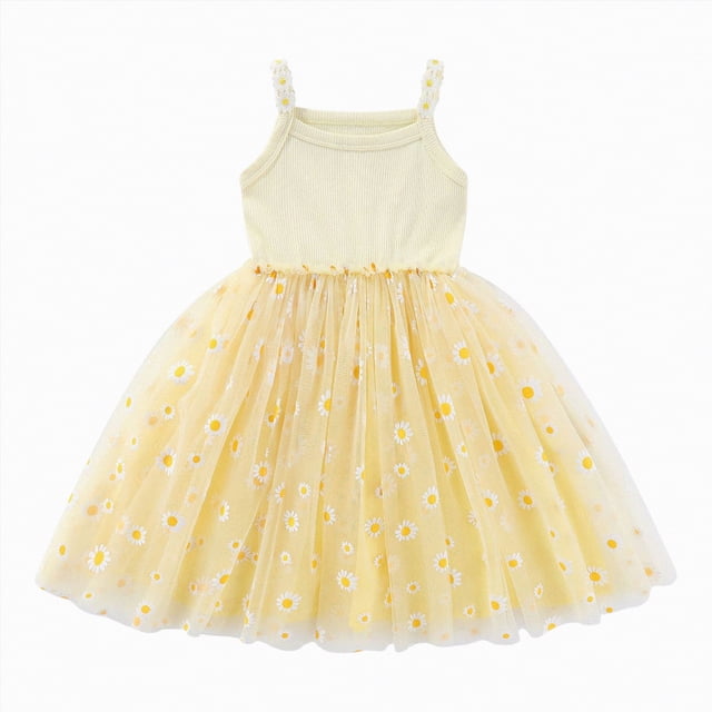 NIEWTR Robe en Tulle à Rayures pour Bébé Fille, Robe de Demoiselle d'Honneur pour Tout-Petit, Robe de Bal Formelle pour Mariage et Thé (Jaune, 6-12 Mois)