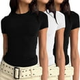 thumbnail image 1 of Ensemble de 3 Pcs pour Femmes, T-Shirts à Manches Courtes Mode, Col Roulé Basique, Manches Longues, Hauts Ajustés en Spandex, 1 of 8