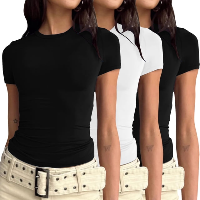 Ensemble de 3 Pcs pour Femmes, T-Shirts à Manches Courtes Mode, Col Roulé Basique, Manches Longues, Hauts Ajustés en Spandex