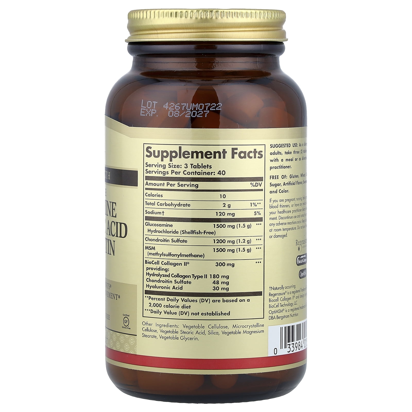 Solgar glucosamine hyaluronic acid chondroitin msm shellfish free 120 tablets