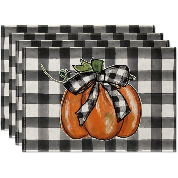 Goodwill Fall Watercolor Buffalo Plaid Pumpkin Placemats Set of 4, 12x18 Inch Autumn