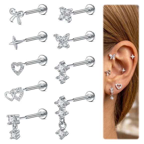 LAURITAMI Flat Back Earrings Studs 20G Surgical Steel Push in Nose Studs Rings Cartilage Helix Tragus Conch Lip Labret Medusa CZ Nostril Piercing Jewelry for Women Gold Silver Tone