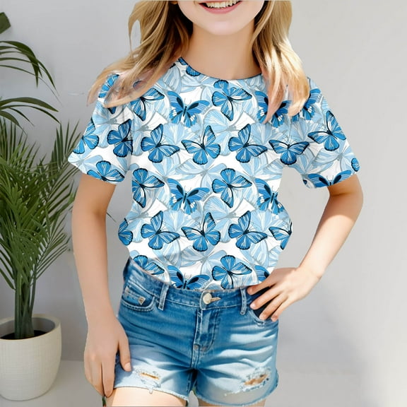 AWZXDE Butterfly Printed Children's Tween Oversized Short Sleeve T Shirt For Kids Boys Girls Casual Graphic Tops Blue,10-11 Years