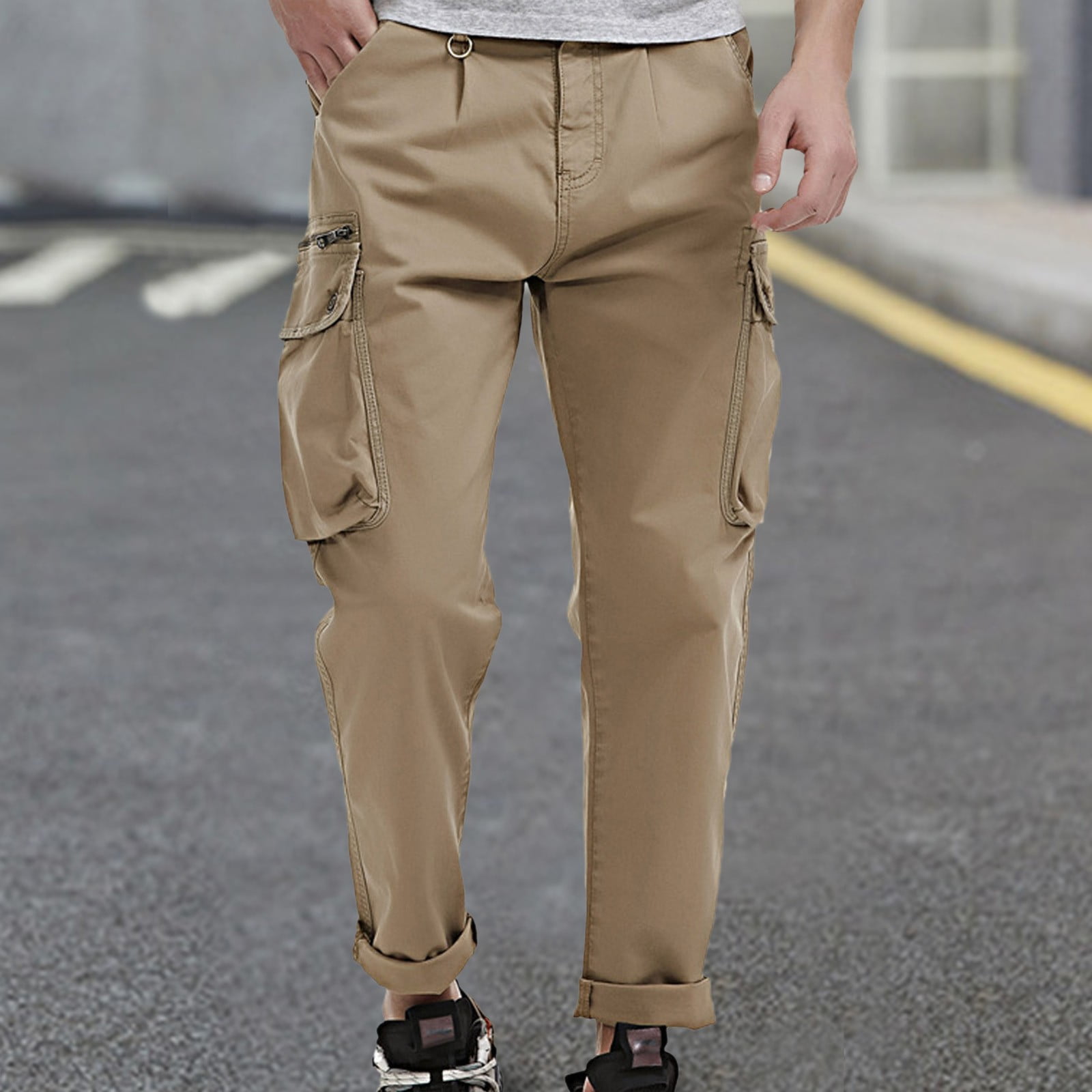 feiboyy men's mid-waist zip cargo pants relaxed fit solid cargo ...