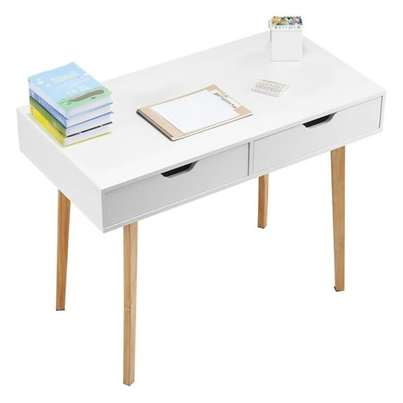 Small Desk with Drawers, Kids Desk for Bedroom, Wooden Simple Study Table for Drawing, Reading, Writing, Rectangle MDF Furniture Study Storage Table for Home, Office, White   Wood