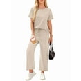 thumbnail image 3 of Women'S Leisure Travel Vacation Wear Two-Piece Suit Short Sleeve Wide Leg Pants Casual Suit Apricot S, 3 of 6