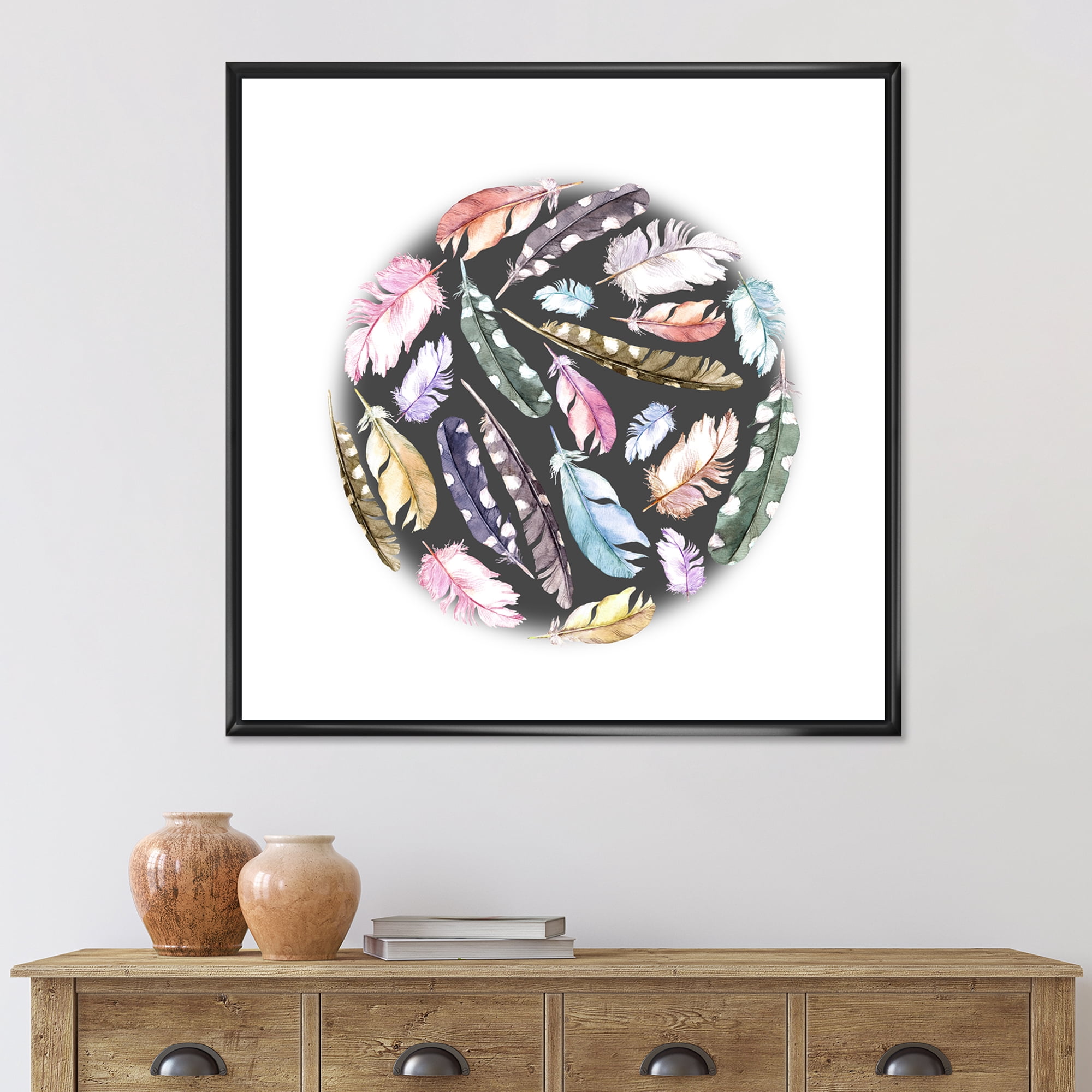 Designart 'Colorful Boho Feathers In Circle Shape' Bohemian & Eclectic Framed Canvas Wall Art Print