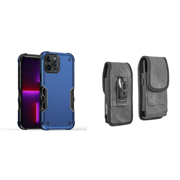 Case with Belt Holster Bundle for iPhone 14 Plus: Slim EX Hybrid Series Shockproof Case (Blue) and Vertical Rugged Denim Nylon Phone Pouch