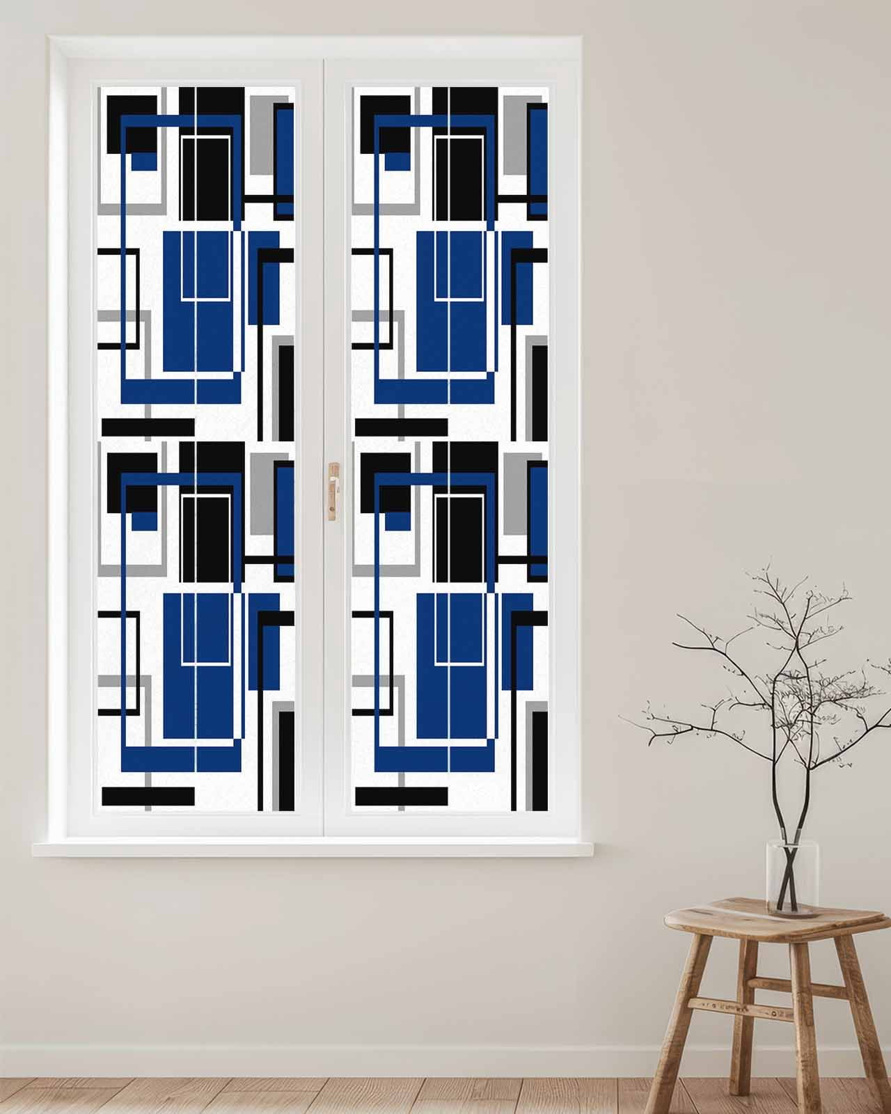 Window Privacy Film Blue Black Geometric Stained Glass Window Film Decorative Sun Block Window Cover Modern Minimalist Abstract Stripes Window Clings Static Adhesive Sticker for Bathroom 17.7"x78.7"