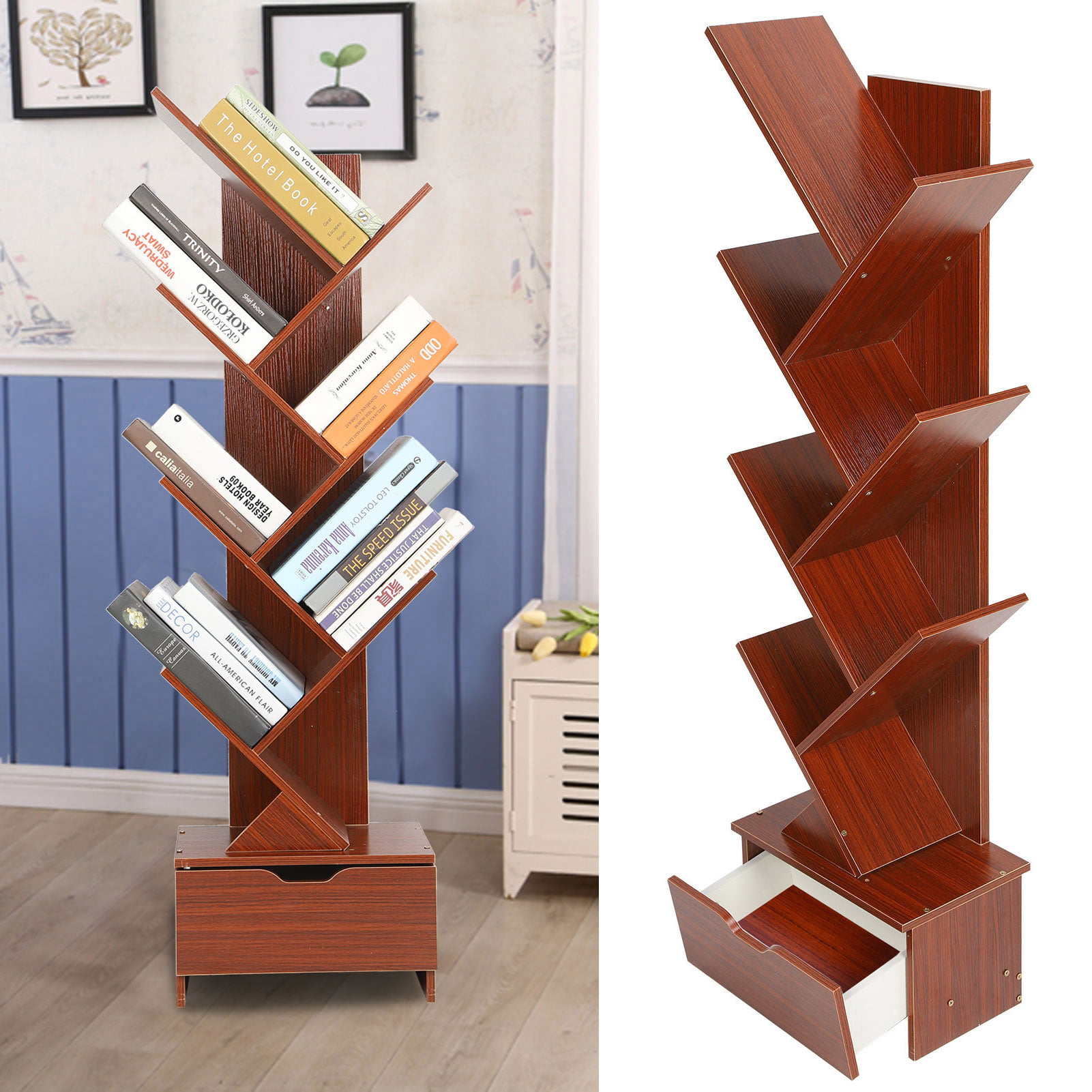Homdox 9-Tier Bamboo Wood Tree Book shelf Free-Standing Rack Bookshelf New！ 