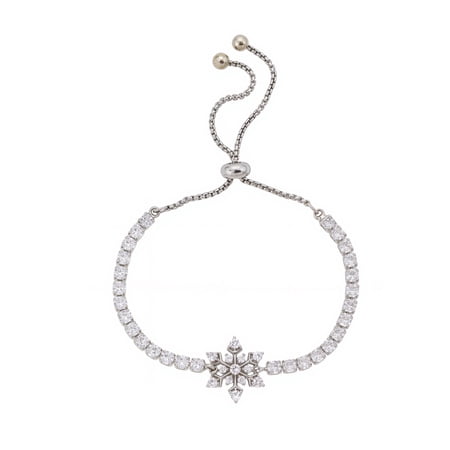 Believe by Brilliance Women's Silver Plated Rhodium Cubic Zirconia Snowflake Adjustable Bolo Bracelet