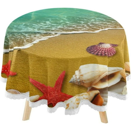 

Hyjoy Blue Beach Sea Round Tablecloth 60inch Indoor Wrinkle Free Summer Seashell Starfish Circular Lace Table Cover Washable for Kitchen Party BBQ Dining Decor