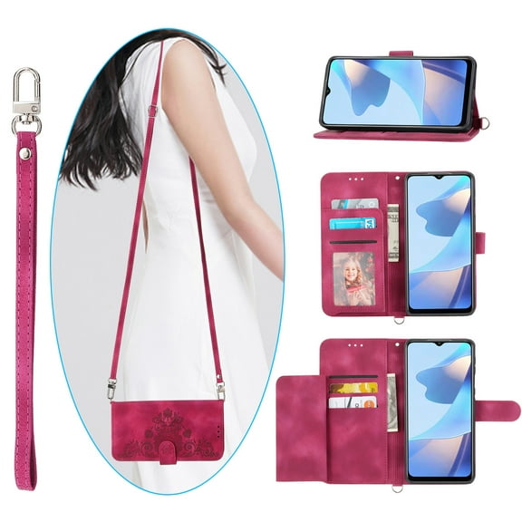 Nalacover Case for Samsung A22 5G, PU Leather Wallet Phone Crossbody Flip Case with Credit Card Holder and Shoulder Wrist Strap Magnetic Stand Shockproof Cover for Samsung Galaxy A22 5G, Winered