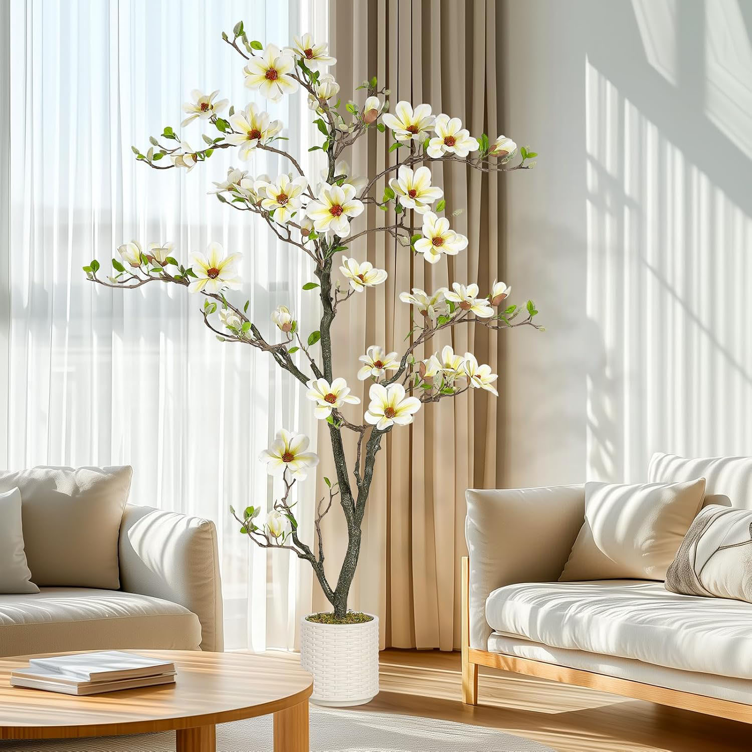 Studyset 4FT Faux Southern Magnolia Plants Yellow Flowered Magnolia for Yard Patio Home Office Arrangement Dr Artificial Magnolia Tree with 66 Realist Touch Flowers 72 Vivid Leaves White Pot Dry Mosse