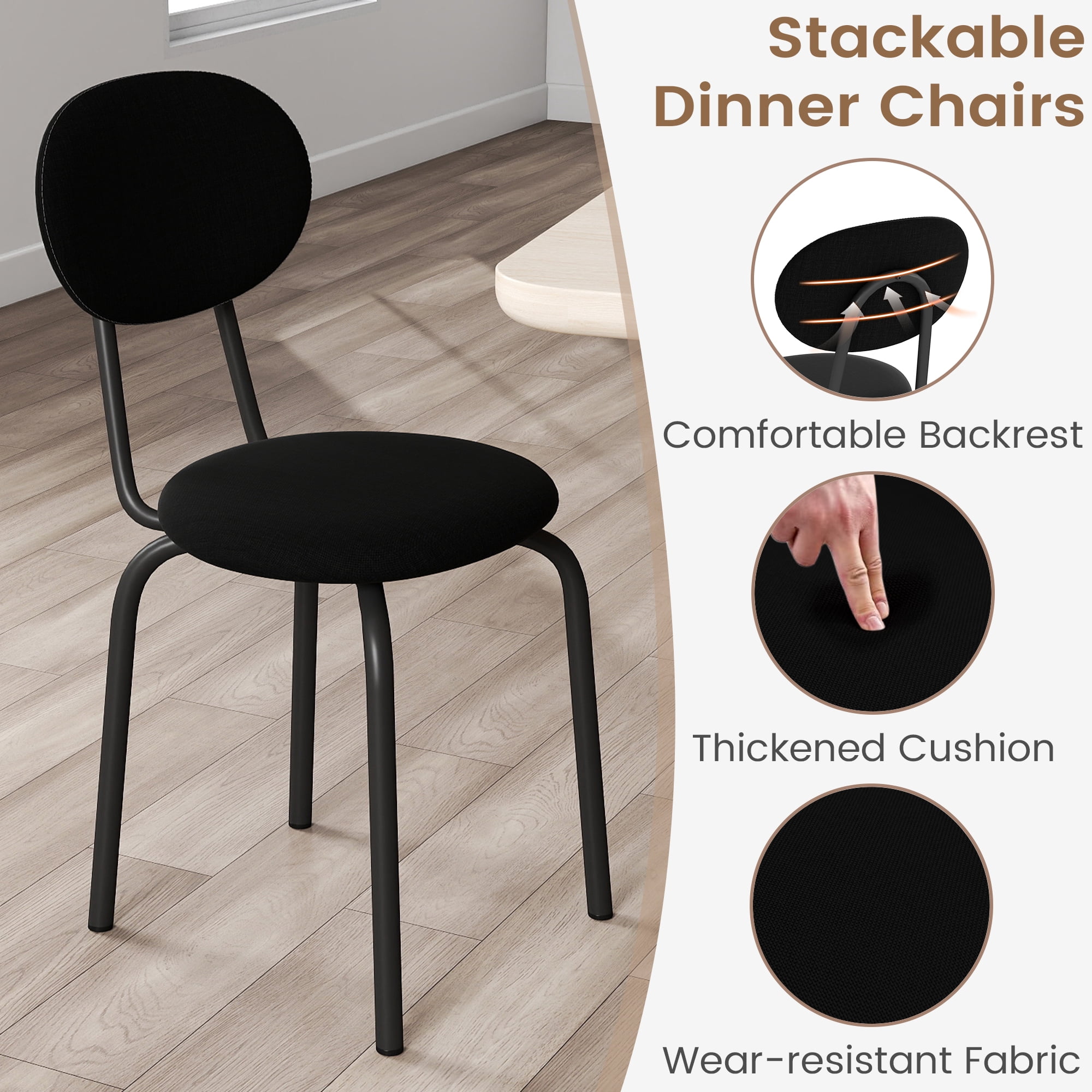 TUAREX Set of 4 Stackable Dining Chairs, Small Modern Stacking Kitchen Chair with Metal Legs for Living Room, Soft Cushion Seat, Space Saving Fabric Kitchen Side Chairs, Black