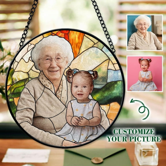 Personalized Grandma - Grandkids Portrait Faux Stained Glass from Multiple Photos, Add Deceased Loved One To Photo, Mothers Day Gift For Mom