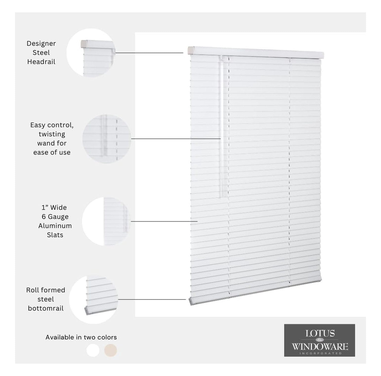 Cordless 1" Aluminum Mini Blind 35" Wide x 64" Long, White, Room Darkening Metal Indoor Window Blinds for Home and Office 35"W x 64"H