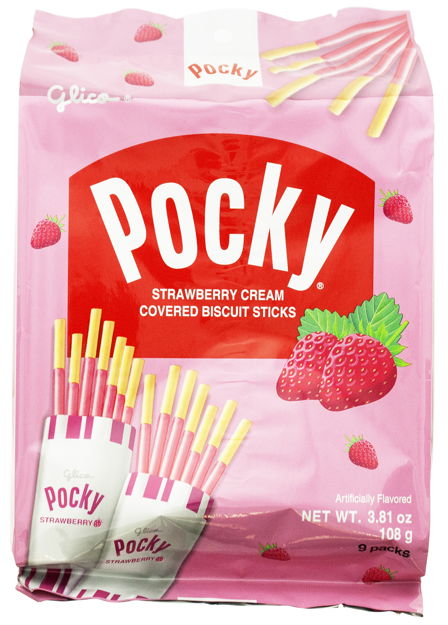3.81 oz Glico Pocky 9 Individual Bags Strawberry Cream Covered Biscuit Sticks