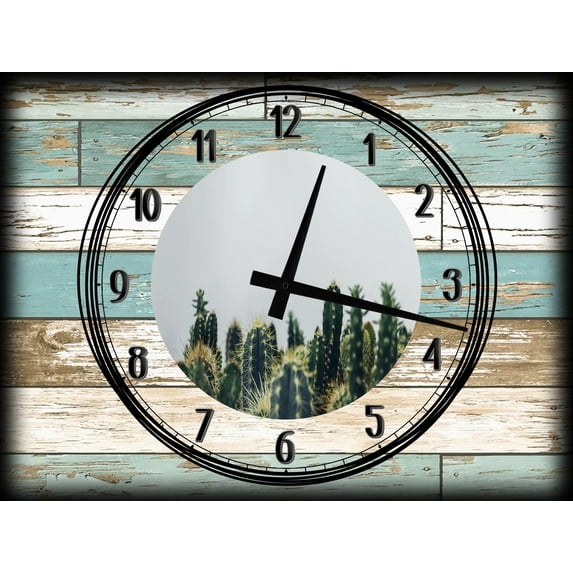 Large Teal White Wood Grain Wall Clock on Canvas Art Cactus Wall Decor White Grey Wall Art 12 x 16 Inch Wall Decor