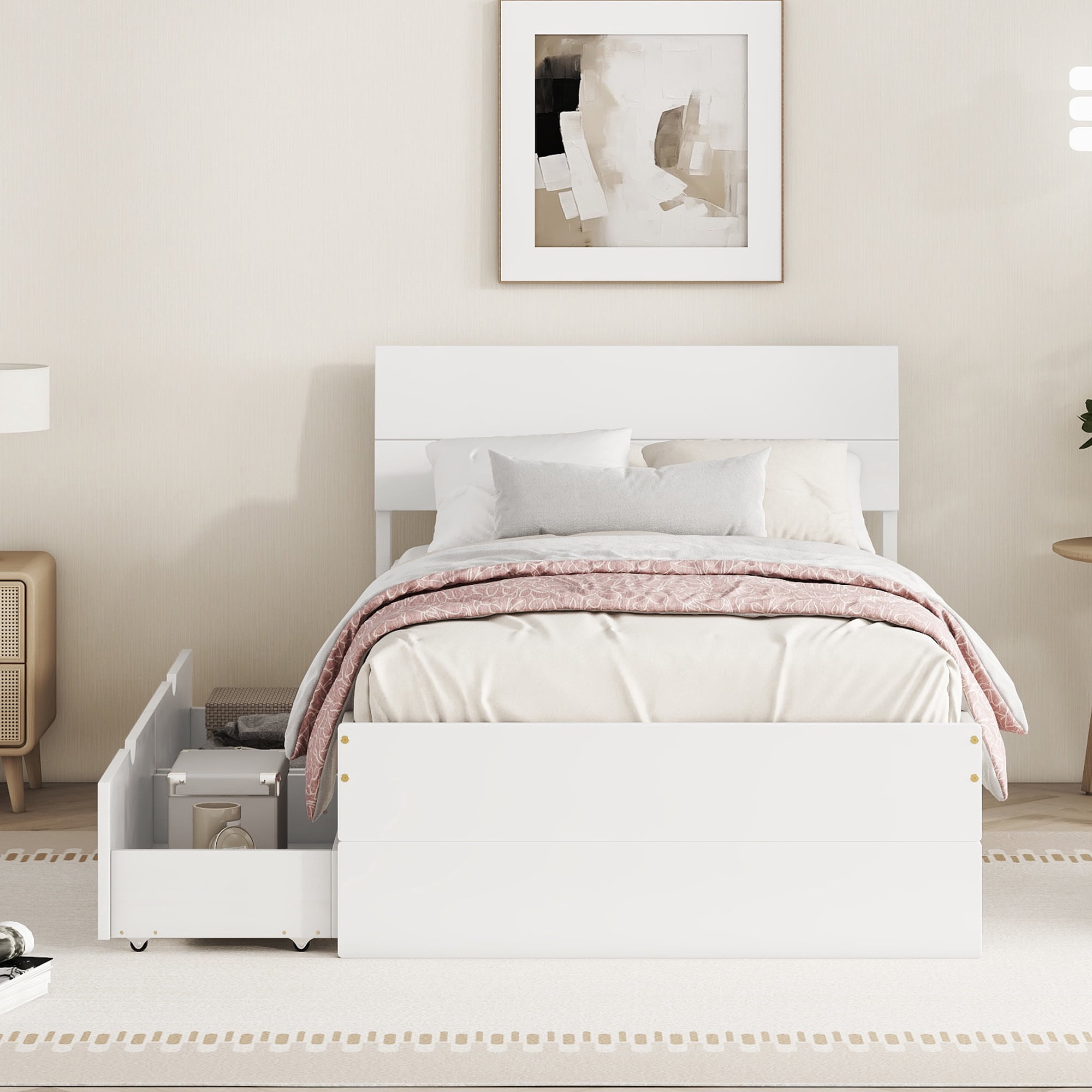 EUROCO Wood Twin Size Platform Bed with Drawers for Kids Teens Adults, Solid Wood Bed for Bedroom, White