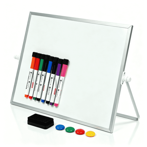 Comix Magnetic Desktop Whiteboard 16"x12" with 360°Adjustable Stand,Double Sided Dry Erase Easel Board Kit with 8 Markers,4 Magnets, 1 Eraser,Office Home Use