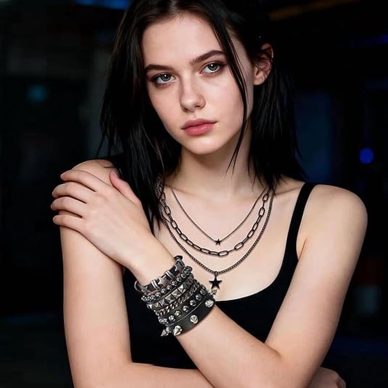5 Pcs Layered Star Grunge Emo Studded Bracelets Goth Necklace Set