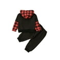 thumbnail image 3 of Biekopu Toddler Baby Girls Boys Fall Outfits Long Sleeve V Neck Hooded Plaid Blouse Tops+Denim Ripped Pants Infant Clothing, 3 of 8