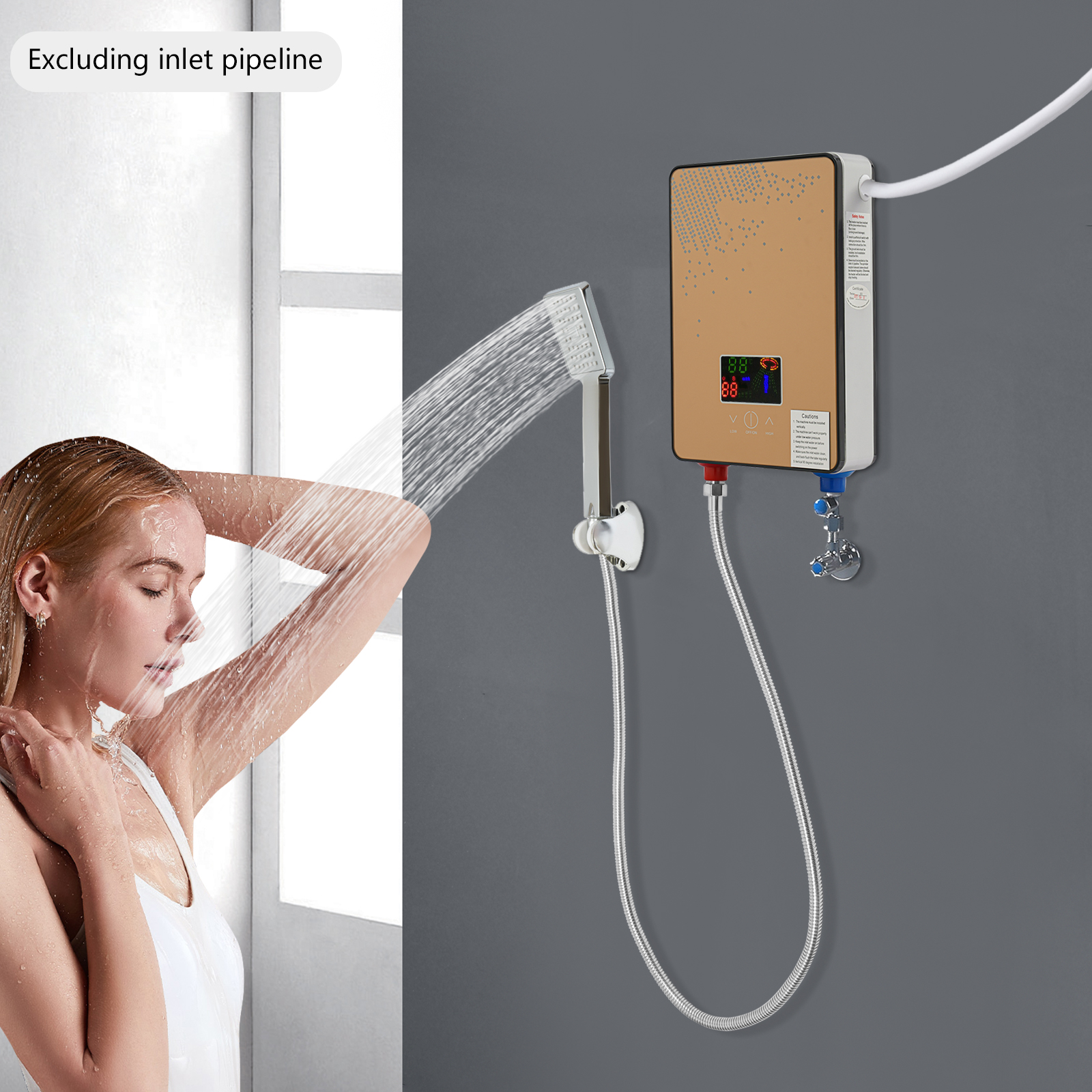 Peakora Electric Tankless Water Heater Gold 4500w Residential Instant Water Heater Electric LED Display with Shower Adjustable Instant Hot Water Heater for Bathrooms Hairdressing Salons Hotels