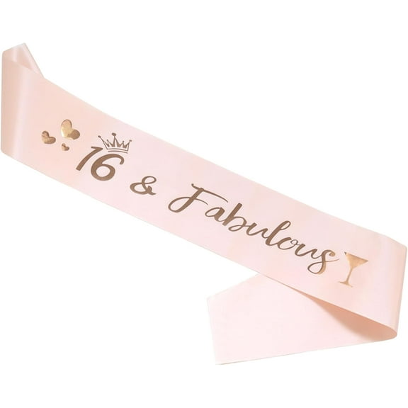 1 pcs 16st Birthday Sash for Girls Satin 16&Fabulous Sash with Rose Gold Glitter Lettering Party Favors, Supplies and Decorations