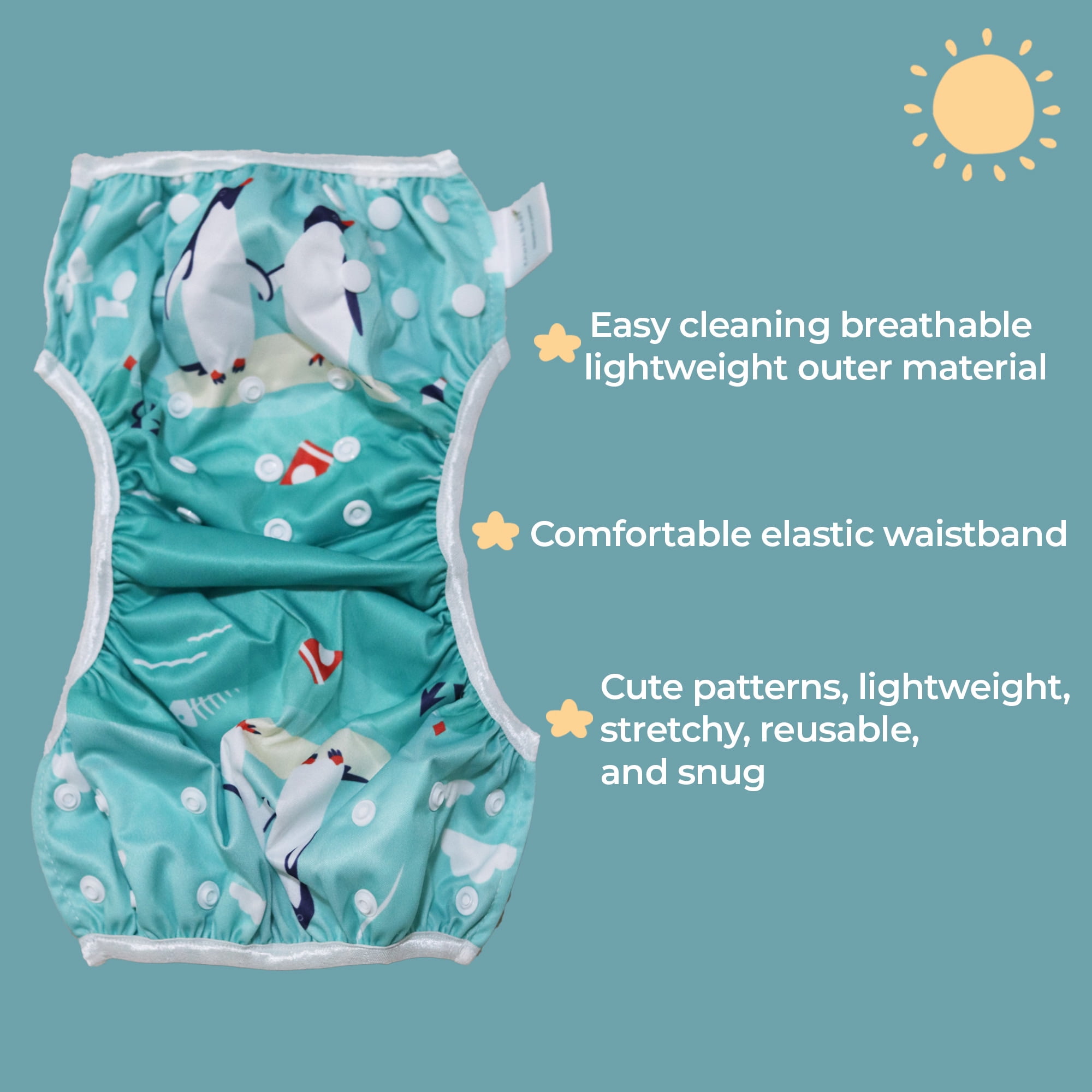 KaWaii Baby Swim Cloth Diaper - Washable Reusable, One Size  10-40 lbs, Unisex, 3-Pack