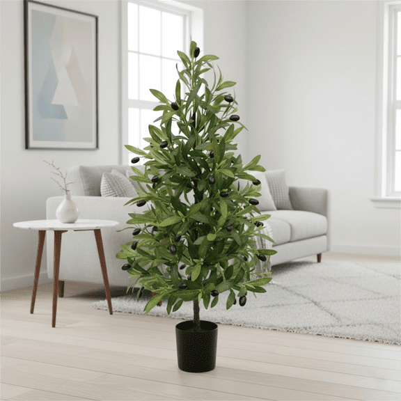 Guvpev 3FT Artificial Olive Tree - Realistic Faux Greenery with Leaves and Black Olives - UV Resistant Potted Plant for Indoor/Outdoor Home Decor