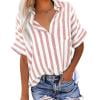 VINUSLI Womens Short Sleeve Shirts Stripe Cotton Fall Trendy Button Down Blouses Collared V Neck Holiday Work Tops with Pockets Pink,XXL