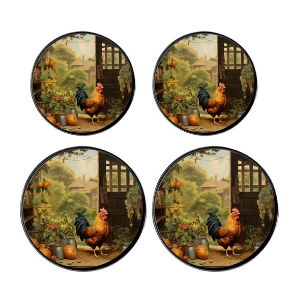 Round Stove Burner Covers 4 Pcs for Home Decor Cooktop Decorative ,Hen and Rooster with Colored Eggs Picture, Metal Round Stove Burner Covers 8Inch And 10Inch