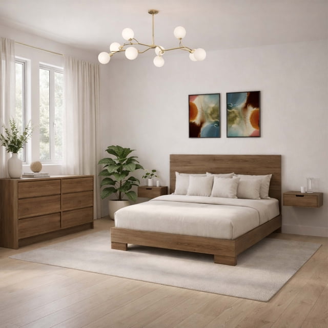 recámara essi + set 2 burós essi + cajonera color nogal, atlas del descanso Conjunto de dormitorio en color nogal con cama matrimonial de base baja y cabecera rectangular. Incluye dos burós y una cajonera de 6 cajones; superficies con veta texturizada y acabado mate en tablero de madera procesada. Ambientación neutra con alfombra clara, ventana lateral y lámpara de techo moderna. Adecuado para almacenamiento y diseño contemporáneo.