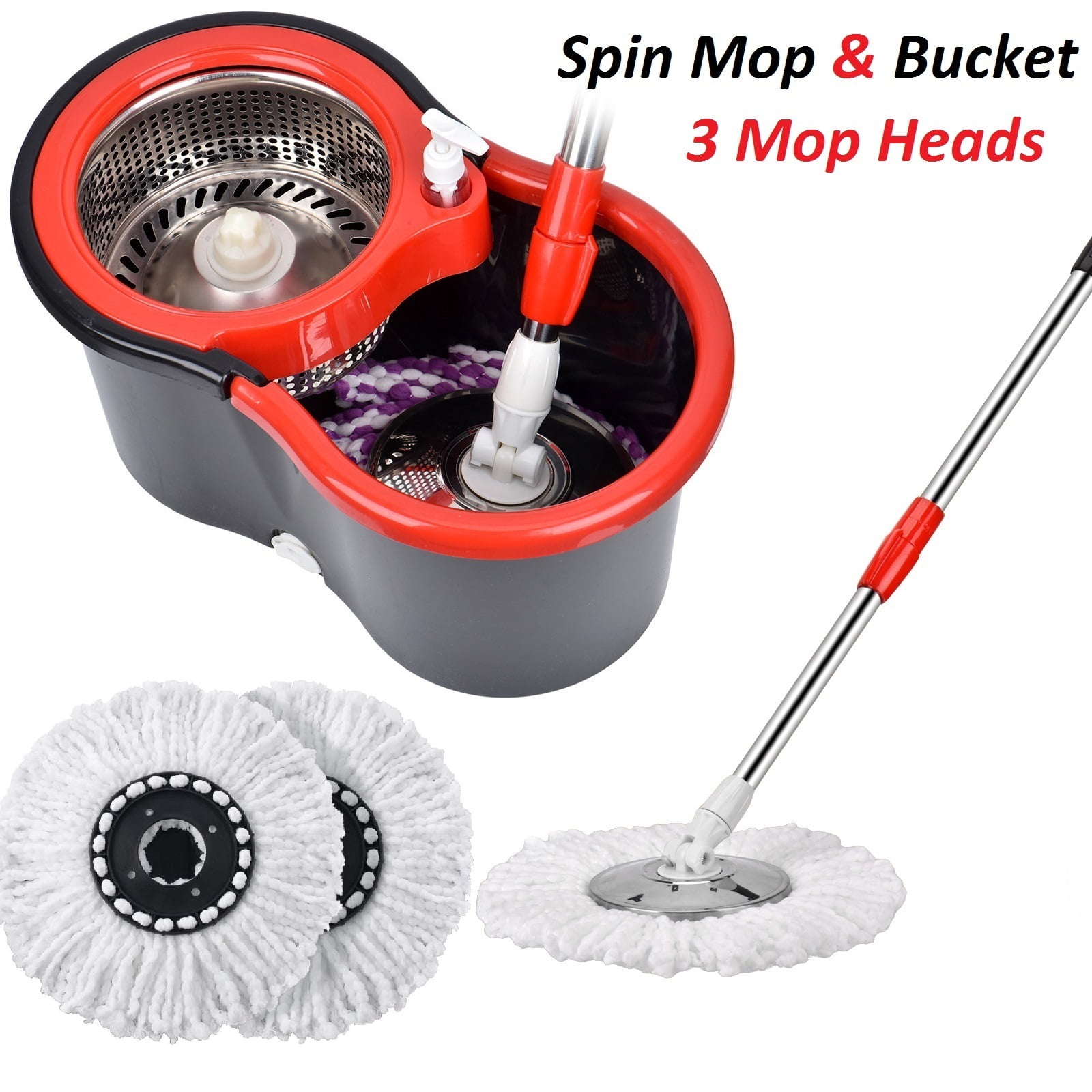 Spin with Bucket, Mop and Bucket with Wringer Floor Mop Set 360 Spin Mop System 3 Mop Heads for Floor Black & Red - Walmart.com