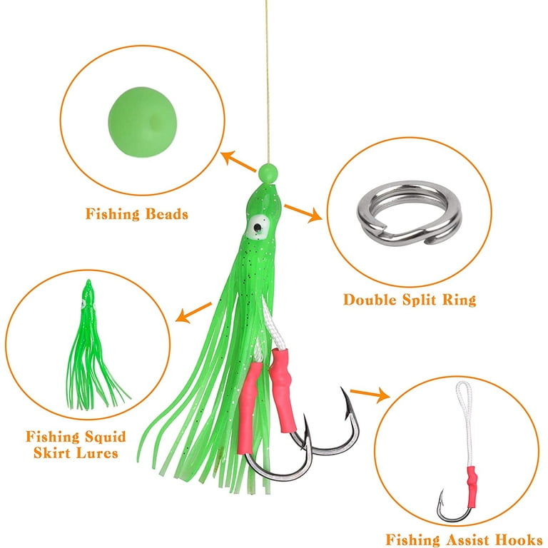 OROOTL 100pcs Assist Hooks Set, Including Fishing Assist Hooks with PE Line  for Jigging, Multicolor Octopus Squid Skirts, Split Ring, Luminous Beads  with Fishing Tackle Box 