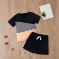 thumbnail image 3 of MHZLDYZ 2T Summer Clothes for Boys Baby Boys Summer Outfit Sets Short Sleeve Contrast Color Tops T Shirt Boys' Patchwork Suit Drawstring Shorts Clothes Set 5T Boys Clothes (Black,110), 3 of 5