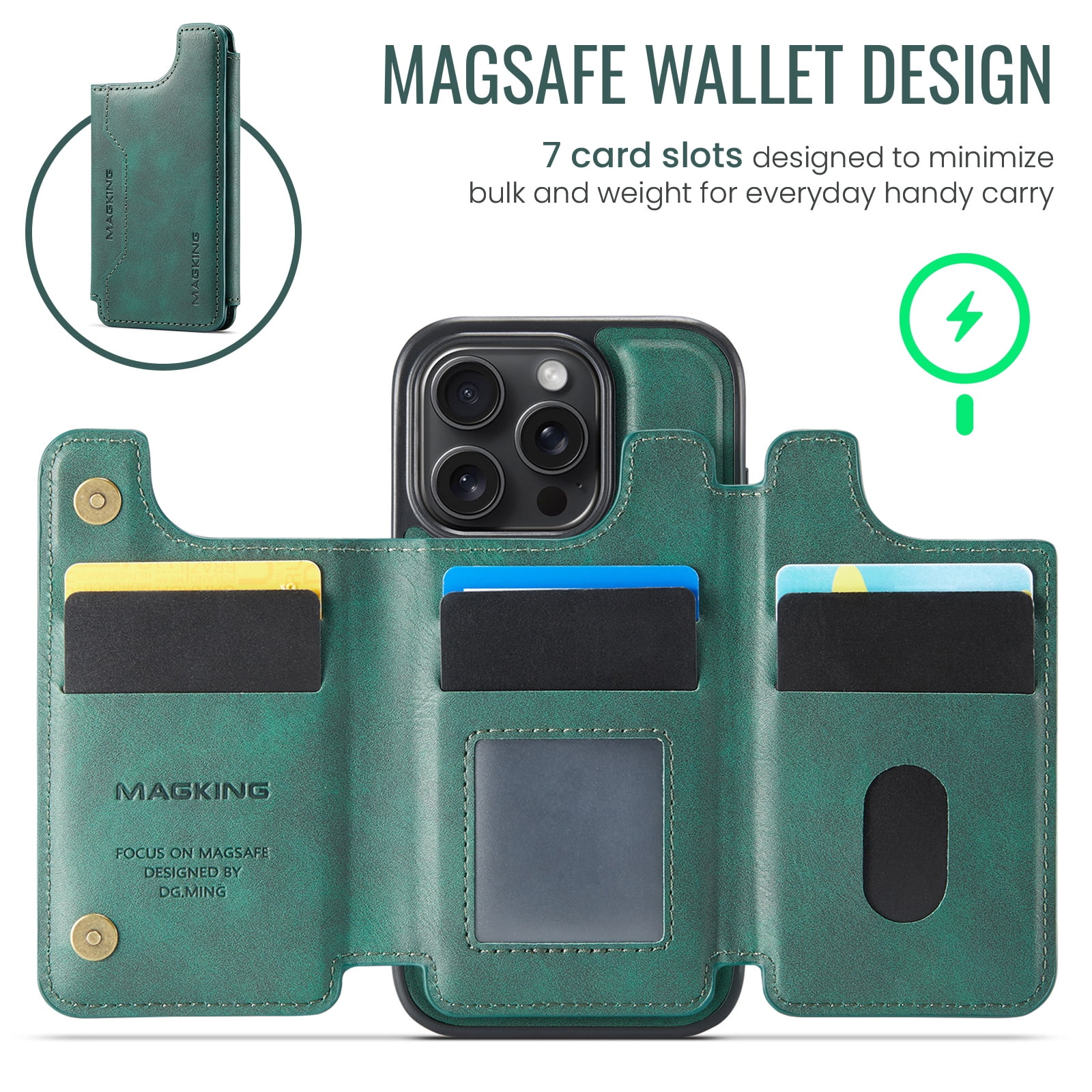 Designed for iPhone 16 Pro Max Wallet Phone Case,Magnetic Detachable Flip Card Holder,Back Flip Kickstand,Compatible with Mag-Safe,2-in-1 PU Leather Heavy Duty Shockproof Phone Case,Green