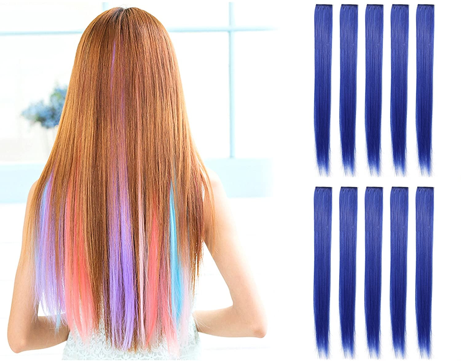 23 Inch Colored Party Highlights Straight Hair Clip Extensions. Heat