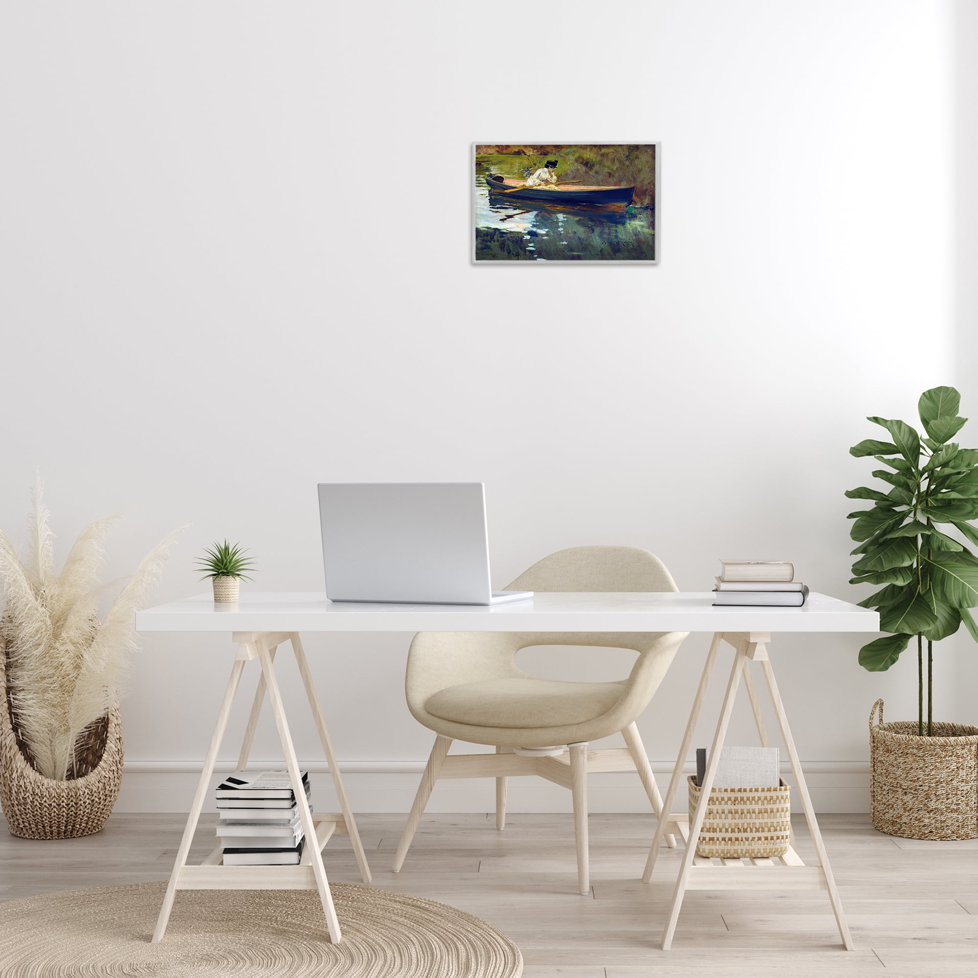 Stupell Industries Thoughtful Woman on Canoe Novelty Painting Gray Framed Art Print Wall Art, 18 x 12