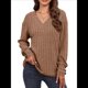 thumbnail image 3 of Camisas Tipo Túnica de Punto con Cuello en V, Larga y Botones Decorativos, Informales, Lisas, Suaves para Mujer Color Café L, 3 of 9