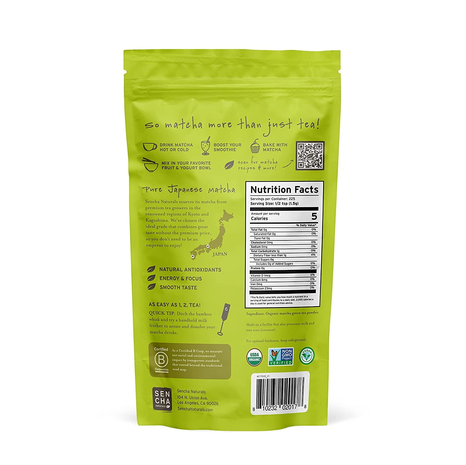 Sencha Eveyrday Natural USDA Organic Matcha Green Tea Powder Rich Antioxidant Revitalizing Body Helathy Gluten Free Product 100% Vegan Diet - 12oz (Pack of 1)