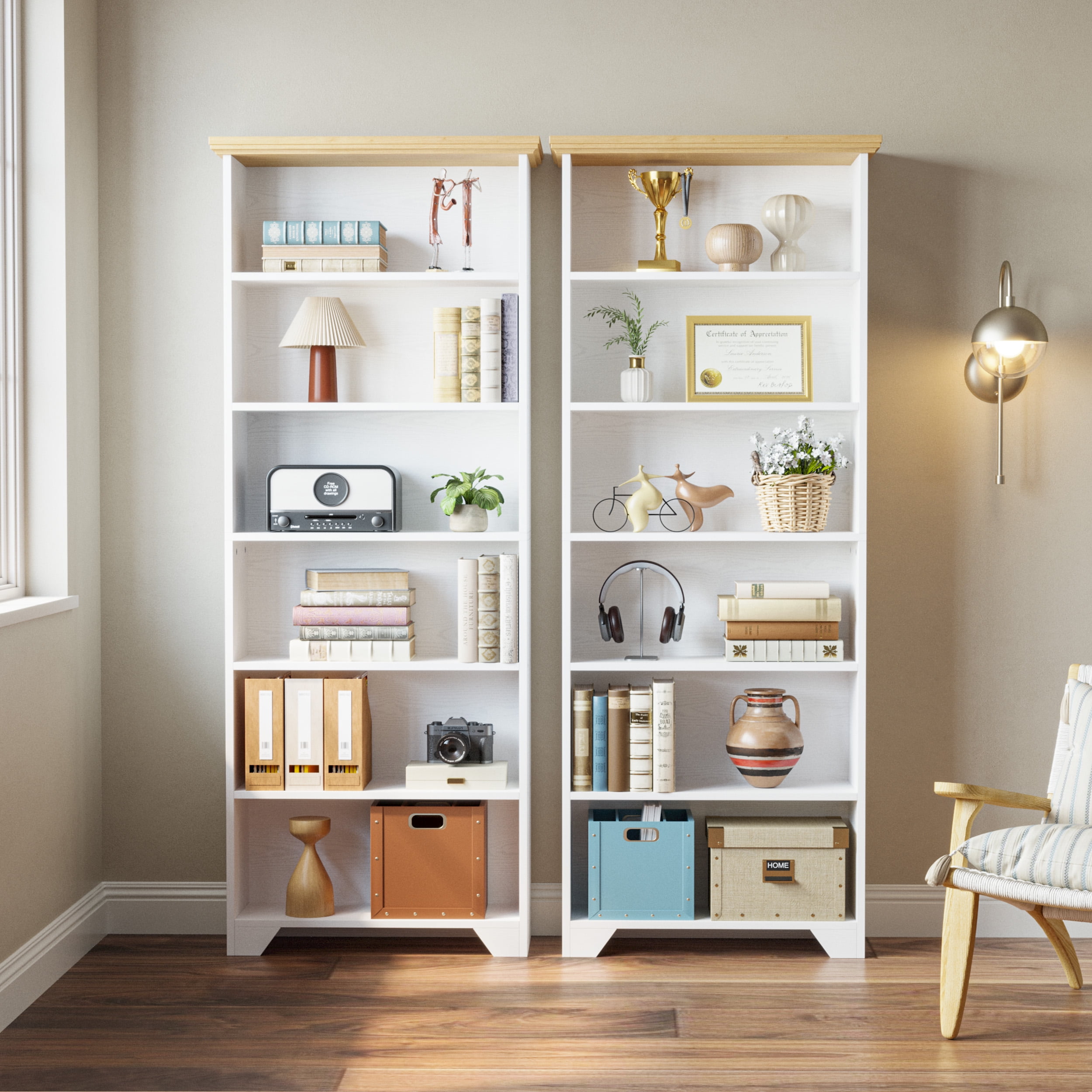 IRONCK 71" Tall 6 Tier Bookcase, Wood Book Shelf for Home Office, Bedroom, Living Room, Shiplap Oak/White