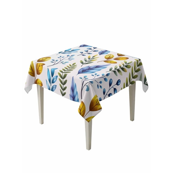 Watercolor Botanical Table Cloth, Waterproof Tablecloth for Square Tables, Blue Yellow Leaves Floral Plants Spring Reusable Washable Fabric Table Cover for Restaurant Kitchen Dining Tables 54"x54"