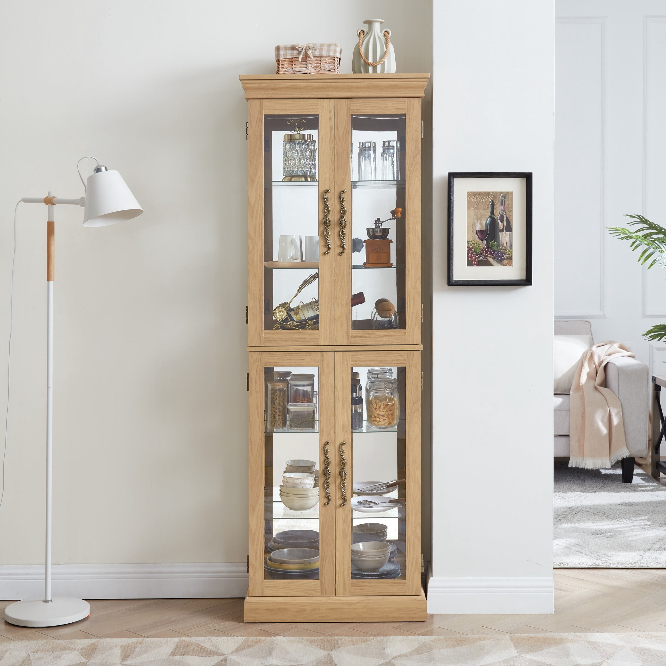 AENKYO Lighted Glass Display Cabinet, Vintage Glass Curio Cabinet Wine Cabinet with Adjustable Glass Shelves, Black Cherry