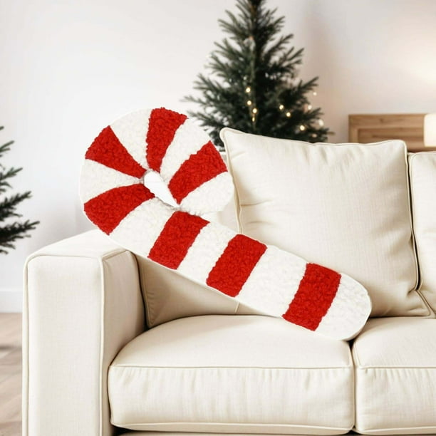 Cojín navideño con forma de bastón de caramelo | Cojín decorativo rojo y blanco con forma de menta | Cojín decorativo de felpa suave para sala de estar, dormitorio y oficina