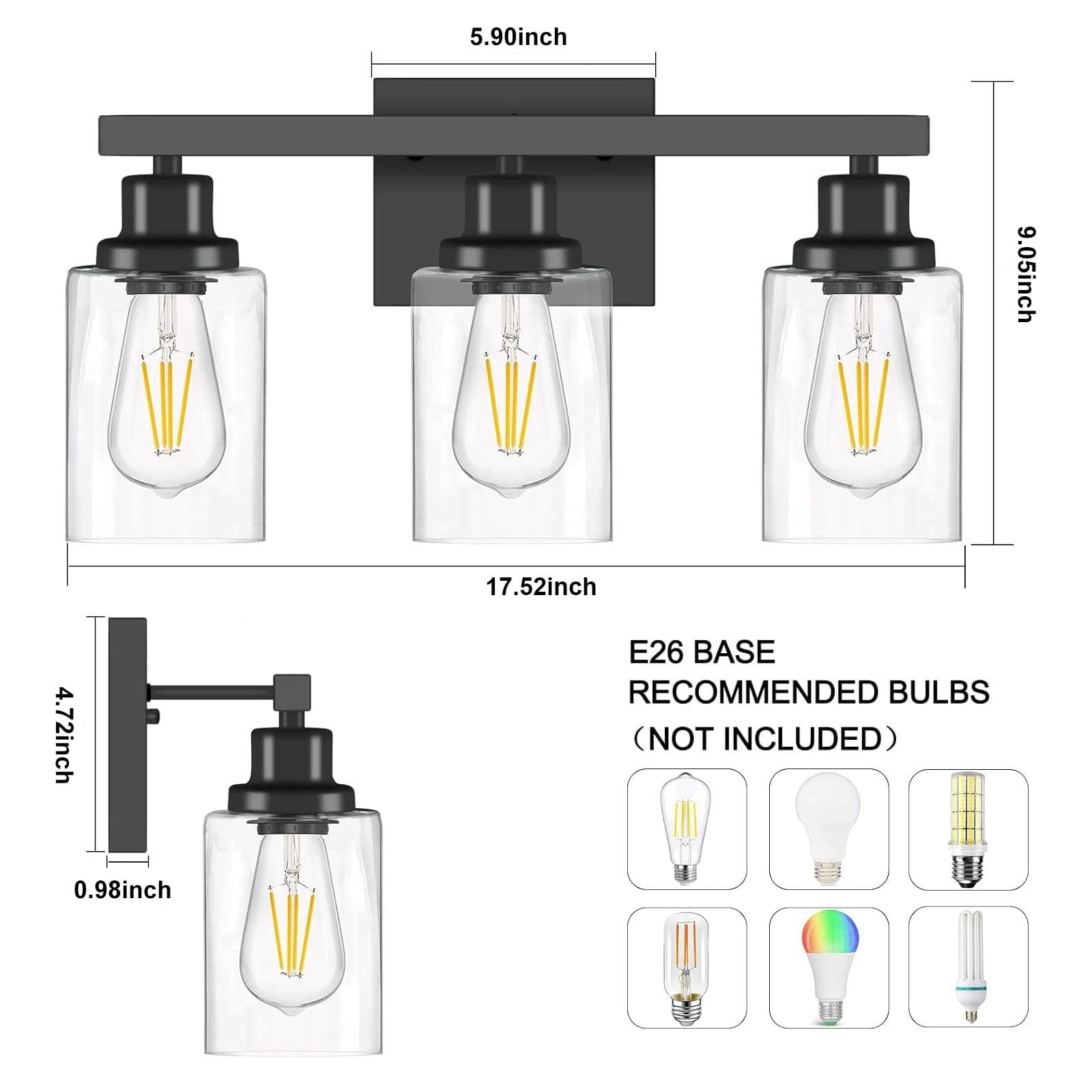 3-light Bathroom Light Fixtures  Black Vanity With Clear Glass Shade Modern Wall Lights Over Mirror Farmhouse Sconces Lighting For Bedroom Livingroom