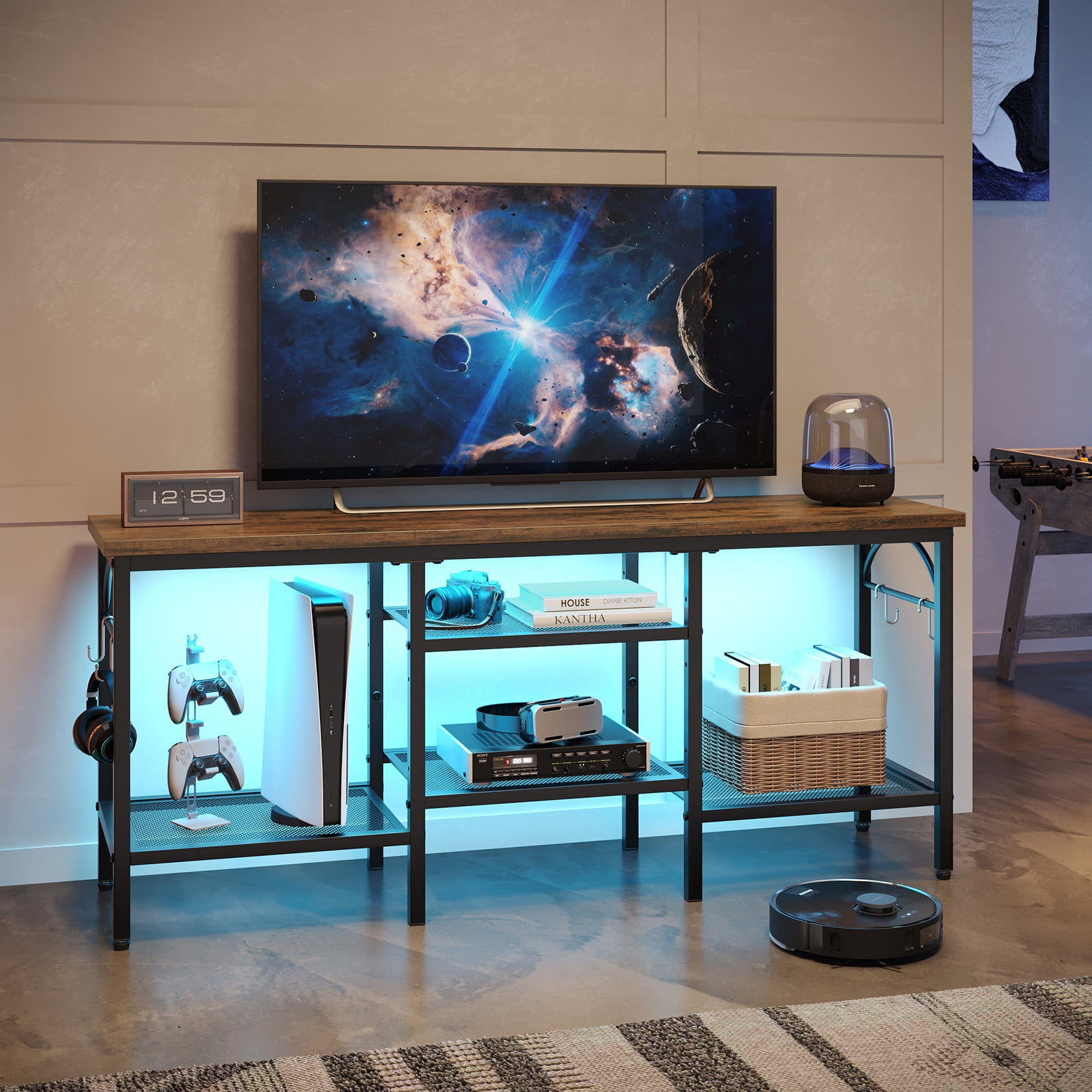 Pinmoco TV Stand for TVs up to 55 Inch, LED Light Entertainment Center with Open Storage Shelves, TV Media Console Table for Living Room, Bedroom, Rustic